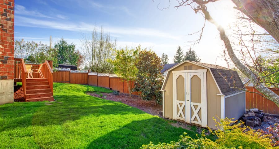 Fenced backyard with storage shed in Boston